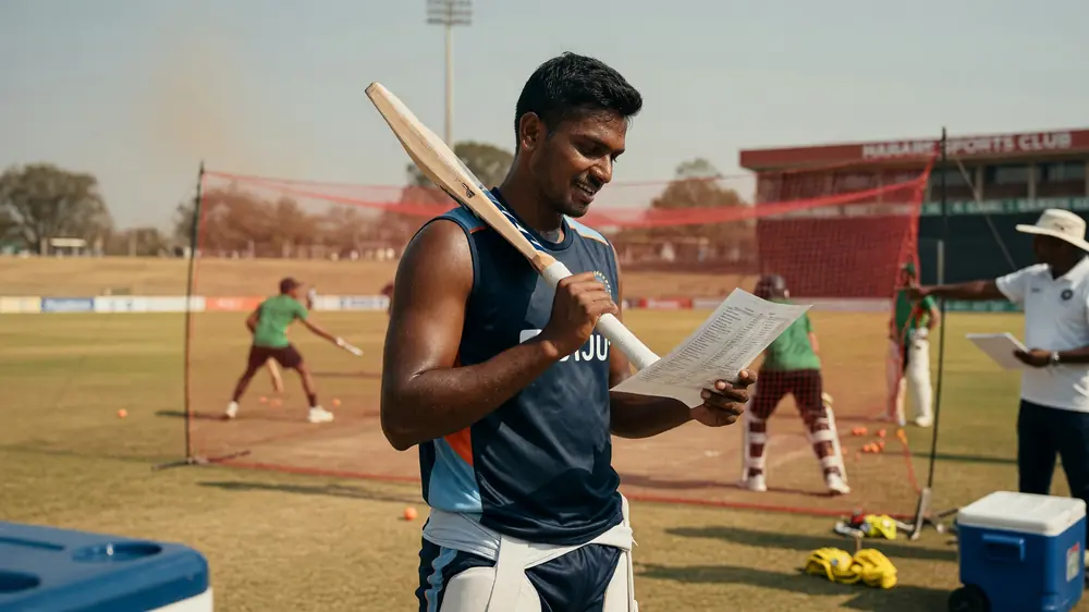Batter in blue training kit holding a bat and reading a printed squad sheet at outdoor nets