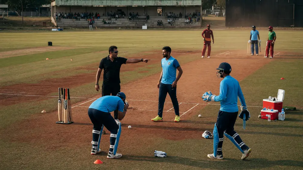 Coach in black shirt pointing during a pitch practice drill with blue-kit players and red-soil crease